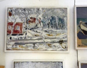 Det här vinterlandskapet kallar Gösta Backlund sin första medvetna målning och den skapade han som 16-åring.